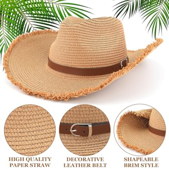 Adjustable Straw Cowboy Hat Shapeable Wide Brim Sun Hat Detachable Chin Strap main image 7